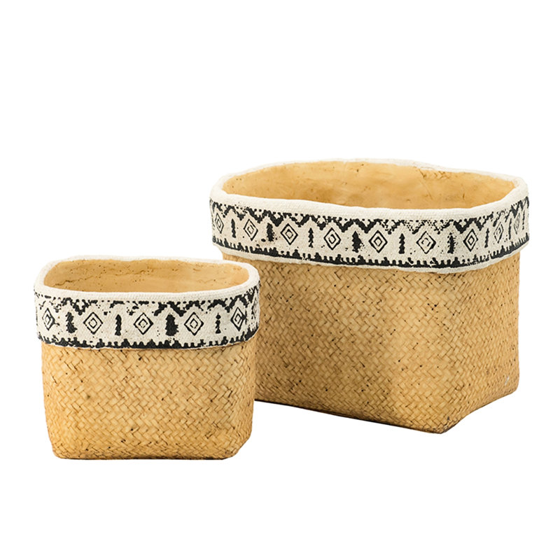 Geometric Trim Brown Multi Rectangular Basket Planters Of 2 Cement For Indoors Or Outdoors Use, L:10.4X8.7X7.9 S:7.3X5.5X5.9 Inches, 12.1 Lbs Decor,