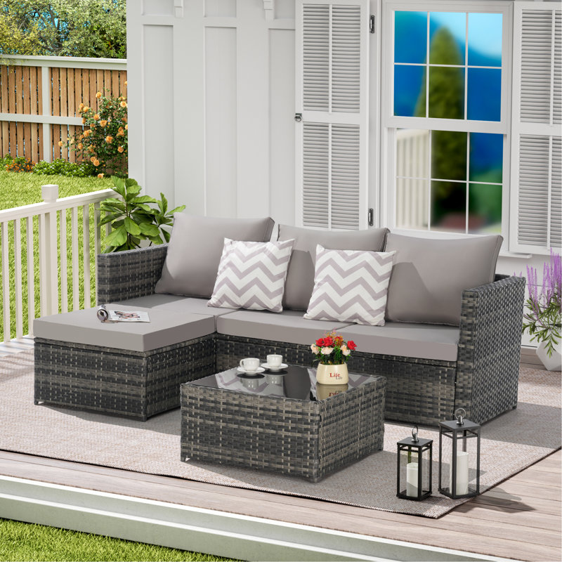Ensemble de meubles de patio 2 pièces, canapé modulaire d'extérieur en L avec repose-pieds pour la cour, Gris clair