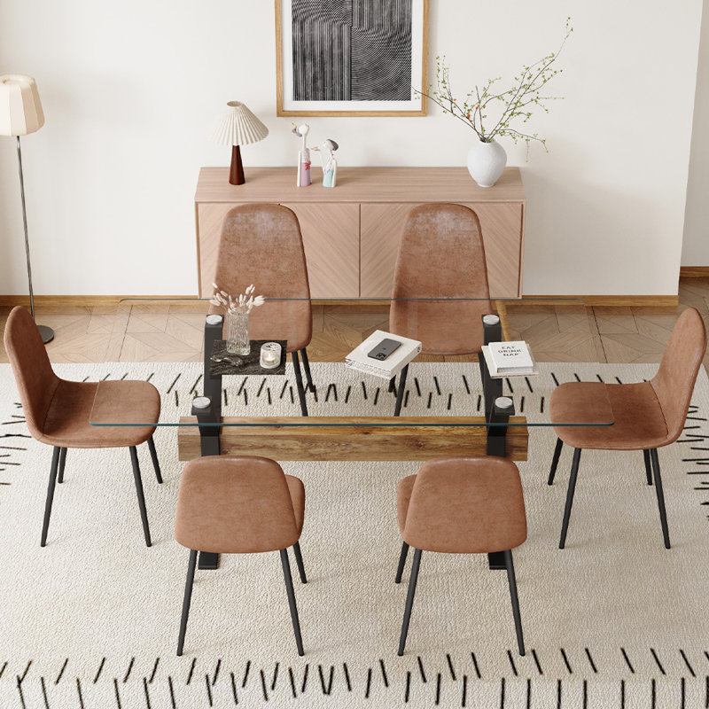7-Piece Glass Top Dining Table Sets, Brown/Black