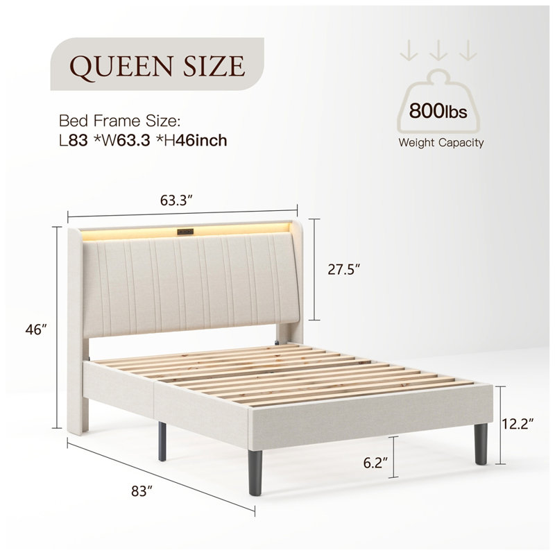 Base de lit plateforme moderne avec tête de lit tapissier et support à lattes en bois, Grand