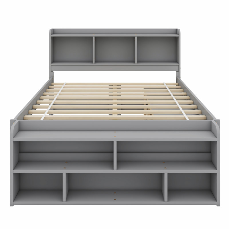 Lit avec tête de lit bibliothèque, tiroirs de rangement sous le lit et étui de rangement, Gris
