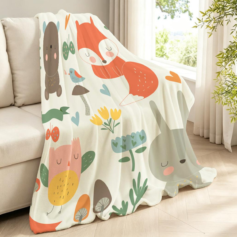 Jeté en flanelle verte ultra douce, ensemble d'animaux de la forêt, impression recto, Jeté 40 po x 50 po