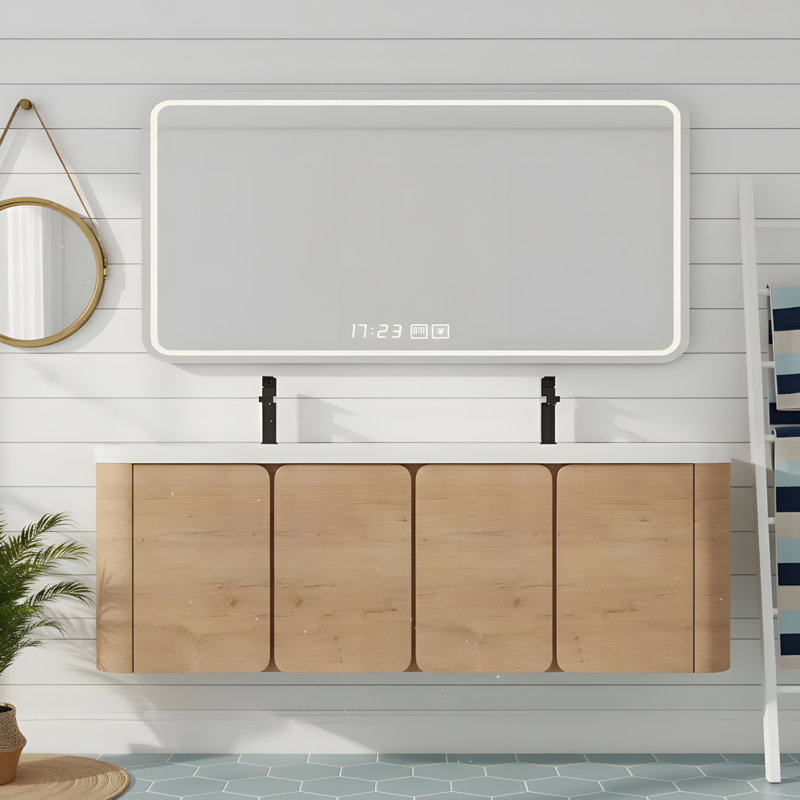 Meuble-lavabo mural avec lavabo en résine blanche, 59"