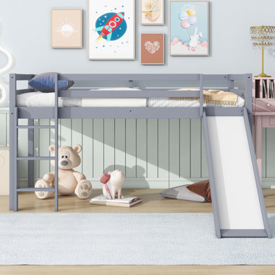 Lit simple mezzanine bas avec glissade, échelle, barrières de sécurité, lit mezzanine simple en bois d'hévéa
