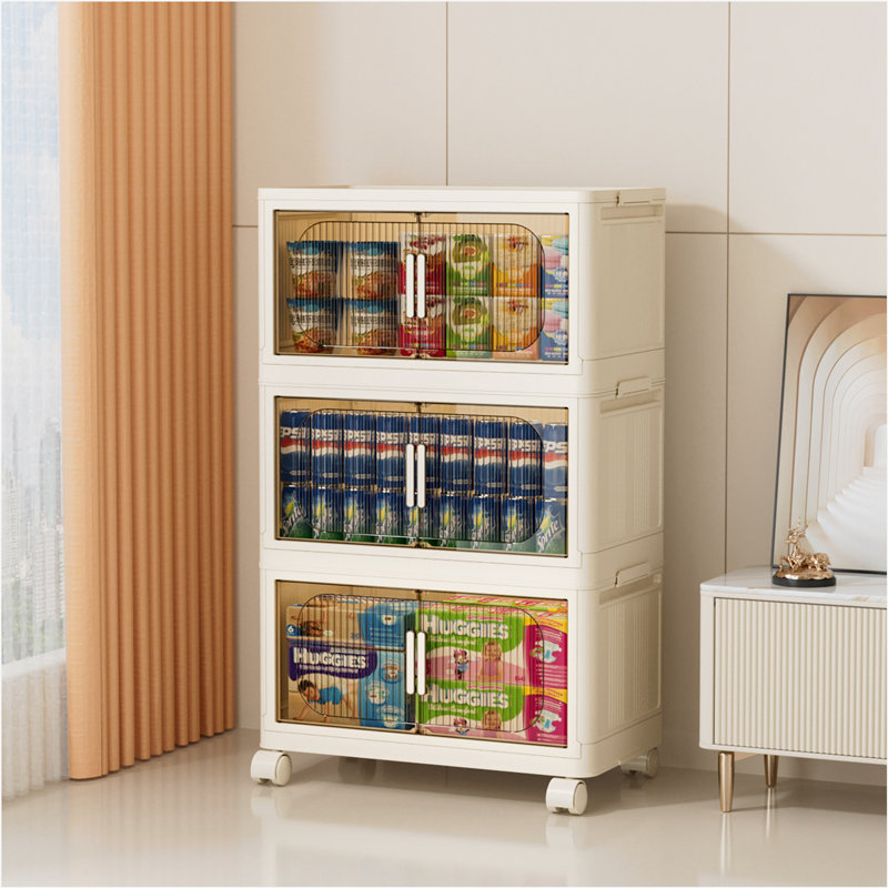 Side Wide Folding Storage Cabinet, Cream, 31.10"H x 19.69" L x 11.81" D