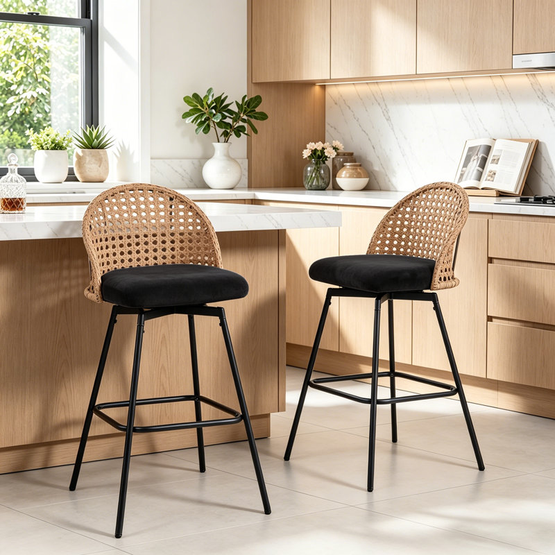 Swivel Upholstered Chenille Bar Stool, Black