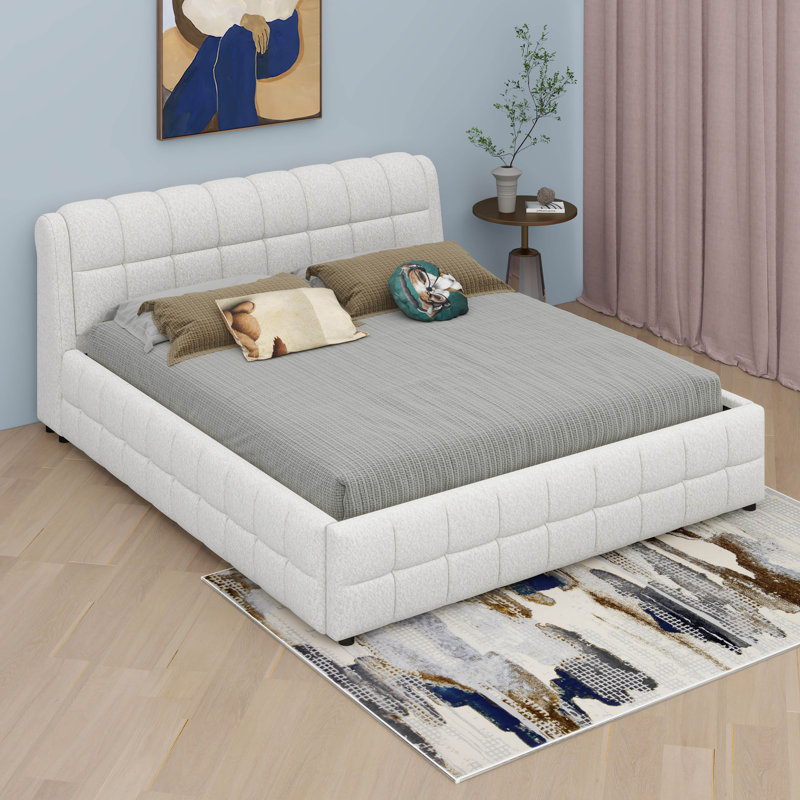 Lit plateforme avec tête de lit tapissier, Blanc, Très grand