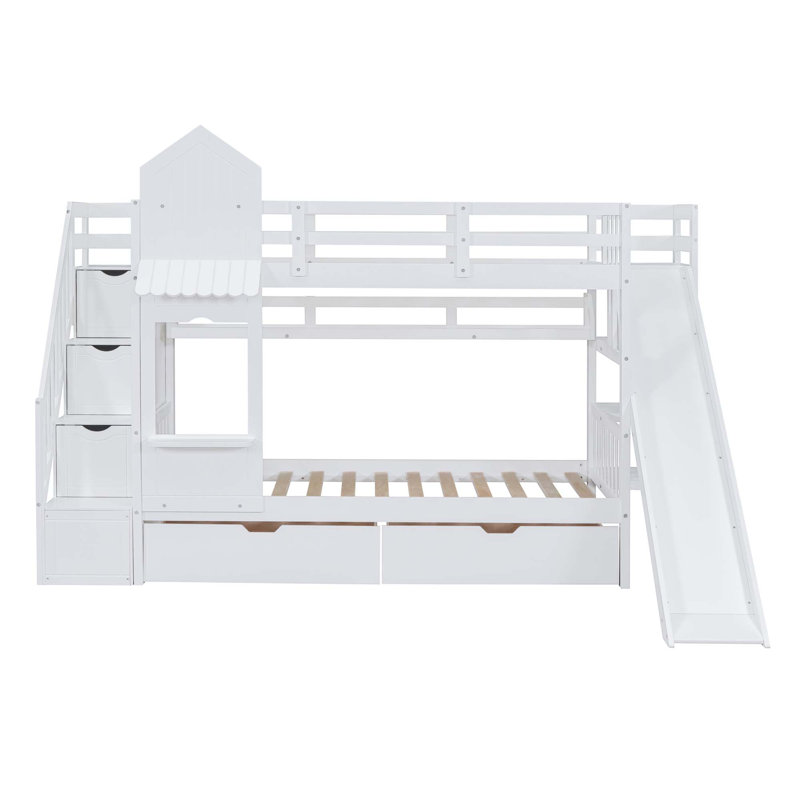 Hatina Kids Castle Style Storage Bunk Bed with Slide and Stairs, Full over Full, White