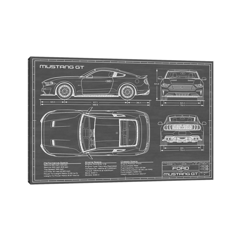 Mustang GT (2018-2020) Black by Action Blueprints - Wrapped Canvas Print, 101.6 cm H x 66.04 cm W x 1.91 cm D