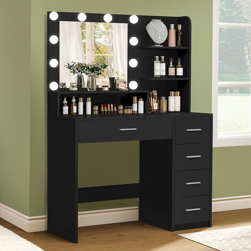 Vanity Desk With Mirror And Lights, Makeup Vanity With 5 Drawers And 3 Storage Shelves, 3 Color Modes & Adjustable Brightness Dressing Table, Vanity Desk For Bedroom