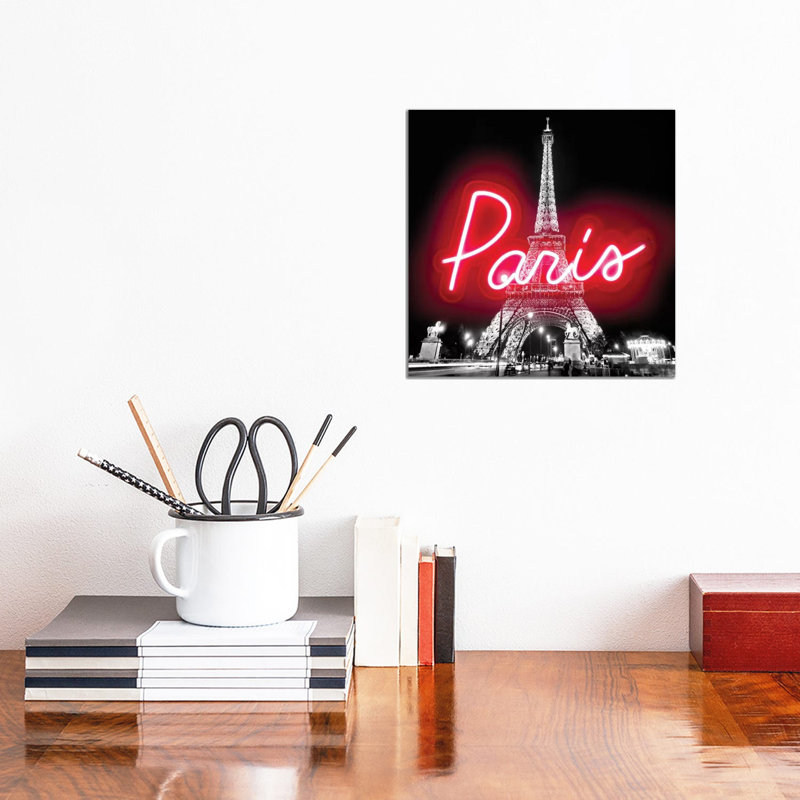 Neon Paris Red On Black by Hailey Carr - Wrapped Canvas Print, 30.48 cm H x 30.48 cm W