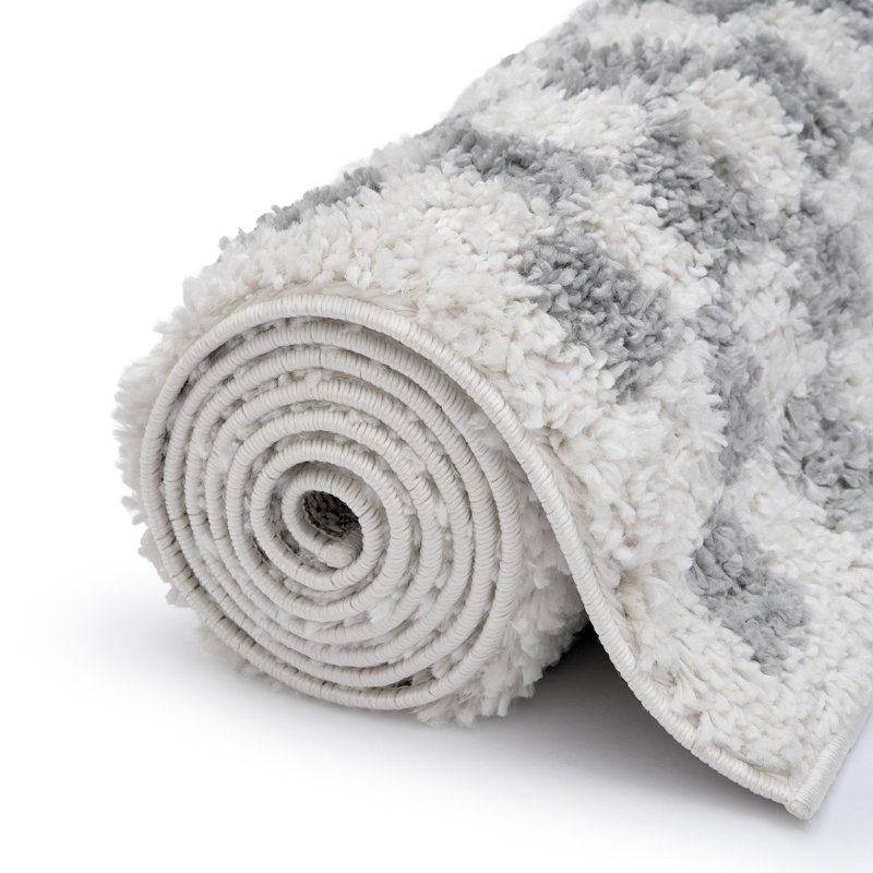 Moodi Modern Shaggy Area Rug Checkered Design, Rectangle 80 x 150 cm, Off-White/Grey