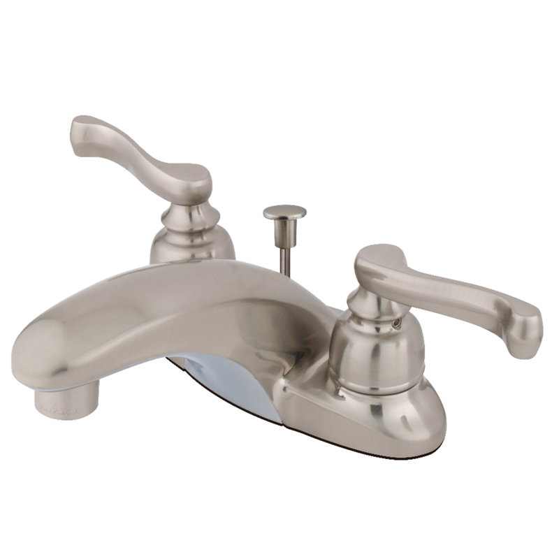 Kingston Brass Royale Two-Handle 3-Hole Deck Mount 4" Centerset Bathroom Faucet with Plastic Pop-Up, Brushed Nickel