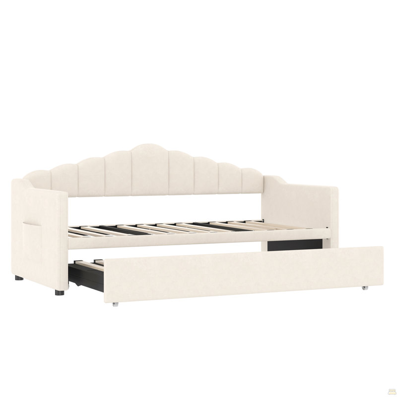Lit de jour tapissier simple avec lit gigogne escamotable à hauteur réglable et port de charge USB et Type-C, structure de lit de jour avec 2 poches latérales