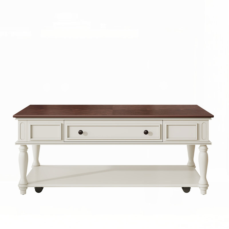Table basse Farmhouse avec un tiroir, Blanc/noyer
