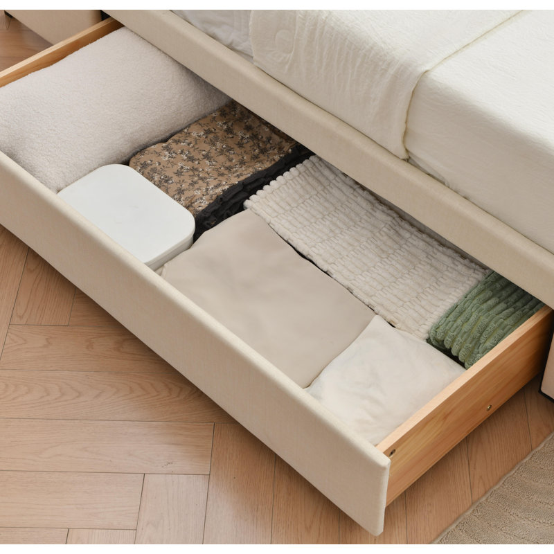 Lit plateforme avec rangement 4 tiroirs, Beige, Grand