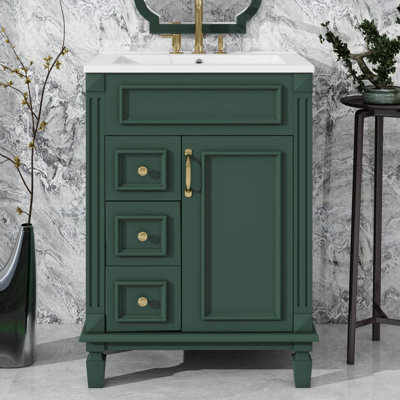 Meuble-lavabo 24 po avec lavabo en céramique, armoire de salle de bain compacte de style moderne avec 2 tiroirs et tablette intérieure réglable