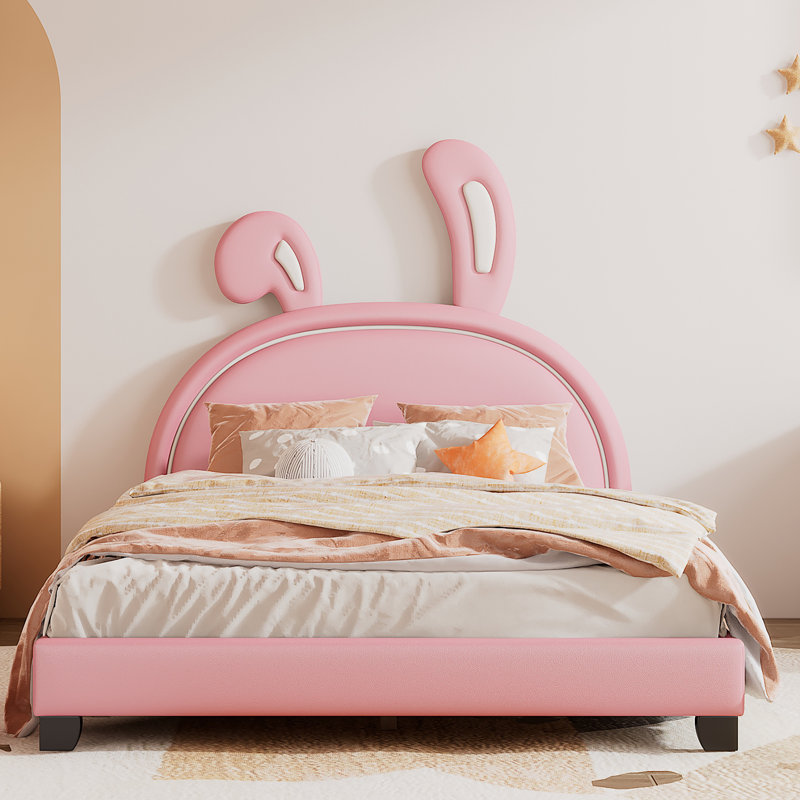 Lit plateforme tapissier en similicuir, Rose, Double