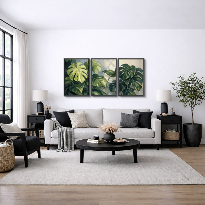 «Tropical Green Monstera Leaves», impression sur toile encadrée, impression sur toile, H 24 po x l 48 po, Cadre flottant noir