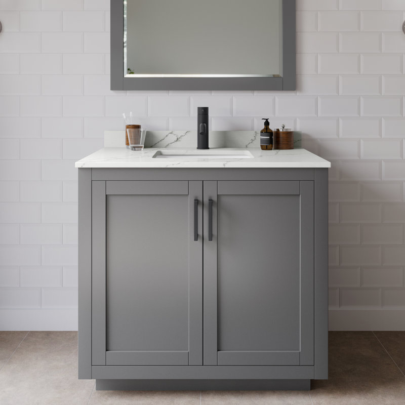Miranda 36" Freestanding Single Bathroom Vanity with Quartz Top, Giotto Quartz, Dark Gray, Matte Black