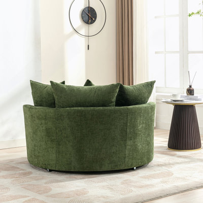 Fauteuil demi-tonneau pivotant à 360 ° avec repose-pieds avec rangement et 4 coussins, fauteuil de loisirs moderne en chenille, pour le salon, vert