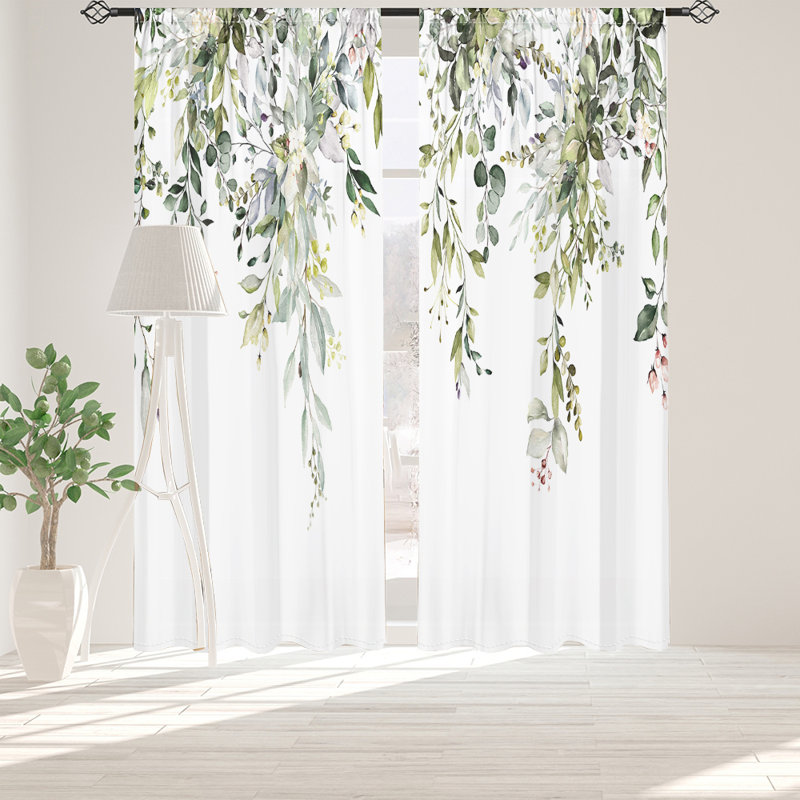 2Pcs Botanical Leaf Print Sheer Curtains Watercolor Green Eucalyptus Pattern Rod Pocket Light Filtering Semi Transparent White Drapes for Living Room Bedroom Kitchen Window Treatment Home Decor
