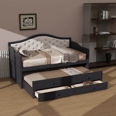 Lit de jour simple avec lit gigogne, lit de jour avec 2 tiroirs de rangement, canapé-lit en bois avec dossier capitonné à boutons pour le salon