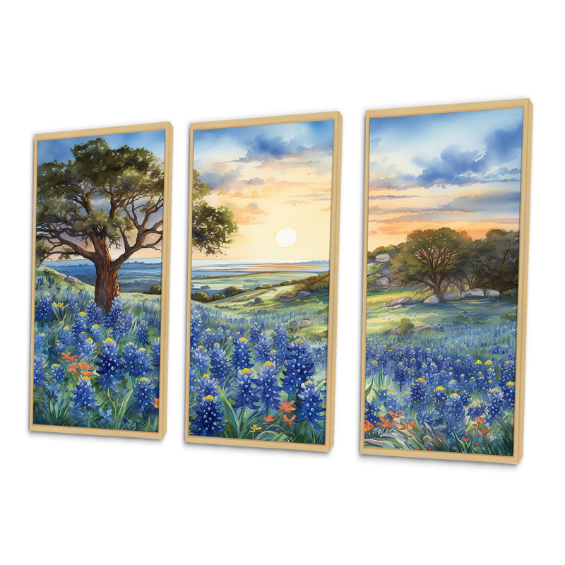 Gattilier - ensemble d'art mural Blue Bonnets, H 40 po x l 60 po x P 1 po, Cadre flottant érable