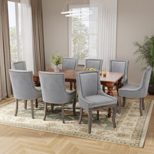 Thickened Fabric Upholstered Nailhead Wooden Dining Chairs (Set of 8)