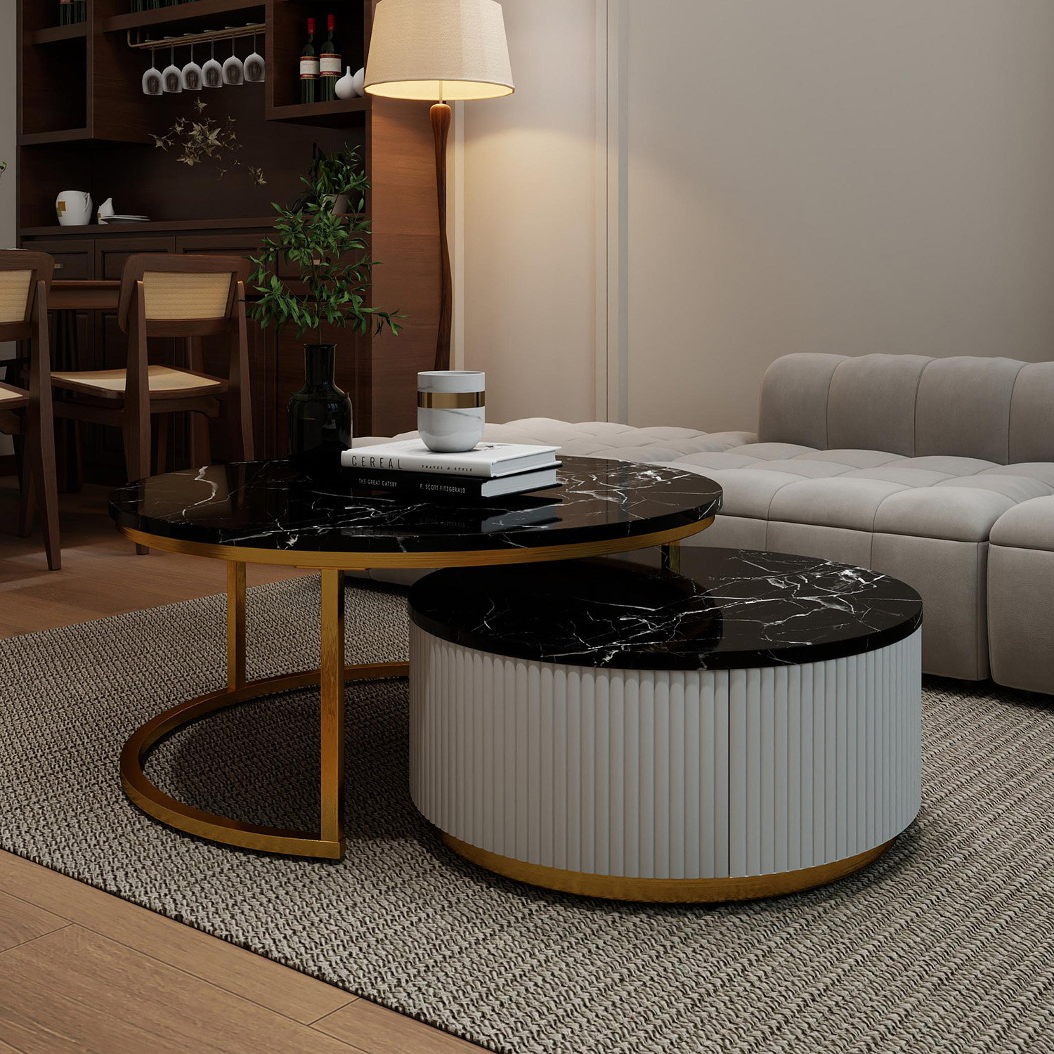 Mercer41 Black And Gold 31.5" Modern Round Nesting Coffee Table With ...