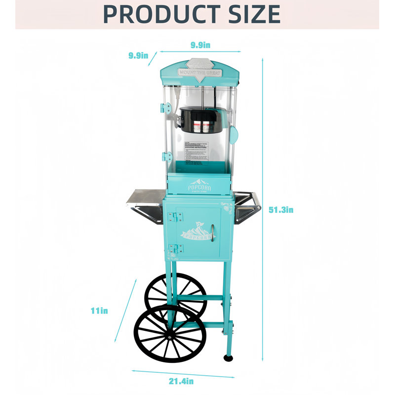 Machine à maïs soufflé avec chariot, roues et bouilloire 10 oz mesurant 3 cuillères en plastique, Bleu