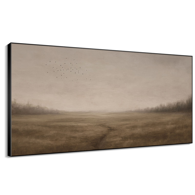 Très grand art mural imprimé sur toile - Pré brun tranquille avec une volée d'oiseaux lointains pour un salon ou une chambre à coucher - «Assemblage requis du cadre (cadre non fini)»