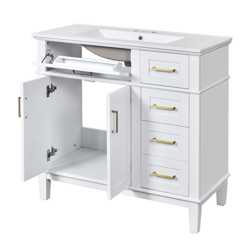 Meuble-lavabo moderne blanc de 36 po avec lavabo en céramique, portes à fermeture douce, 4 tiroirs de rangement, conception élégante pour les petites salles de bain