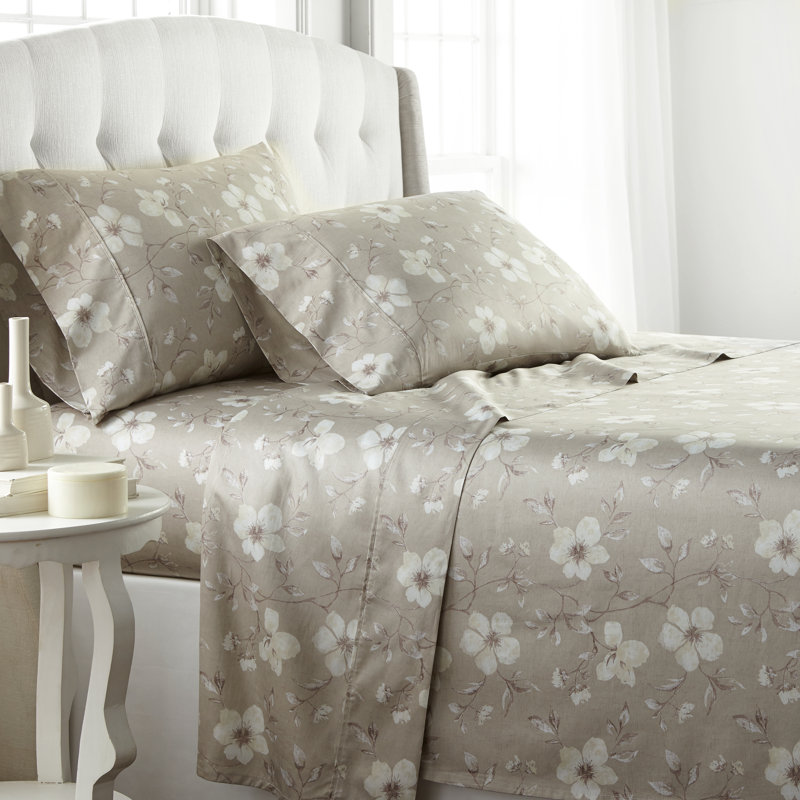 Mystic Garden Collection 300 Thread Count Floral 100% Cotton Sheet Set, Taupe/Gray