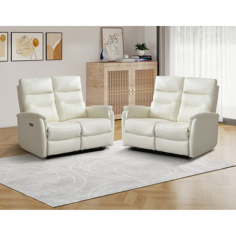 Causeuse inclinable électrique en cuir à haut dossier 52,4 "avec port USB Angellie (ensemble de 2), Cuir véritable ivoire
