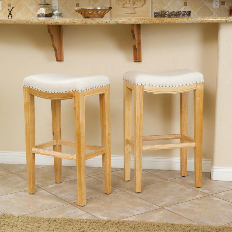 Tabouret de bar en bois massif de conception classique, coussin confortable avec garniture cloutée élégante, Blanc, Naturel