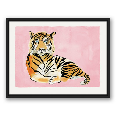 'Tiger on Pink Background' Framed Watercolor Painting Print on Canvas