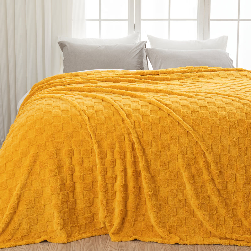 Couvre-lit léger en molleton soyeux de qualité supérieure en molleton soyeux de qualité supérieure à carreaux de couleur jaune moutarde trés doux (60 po x 80 po)