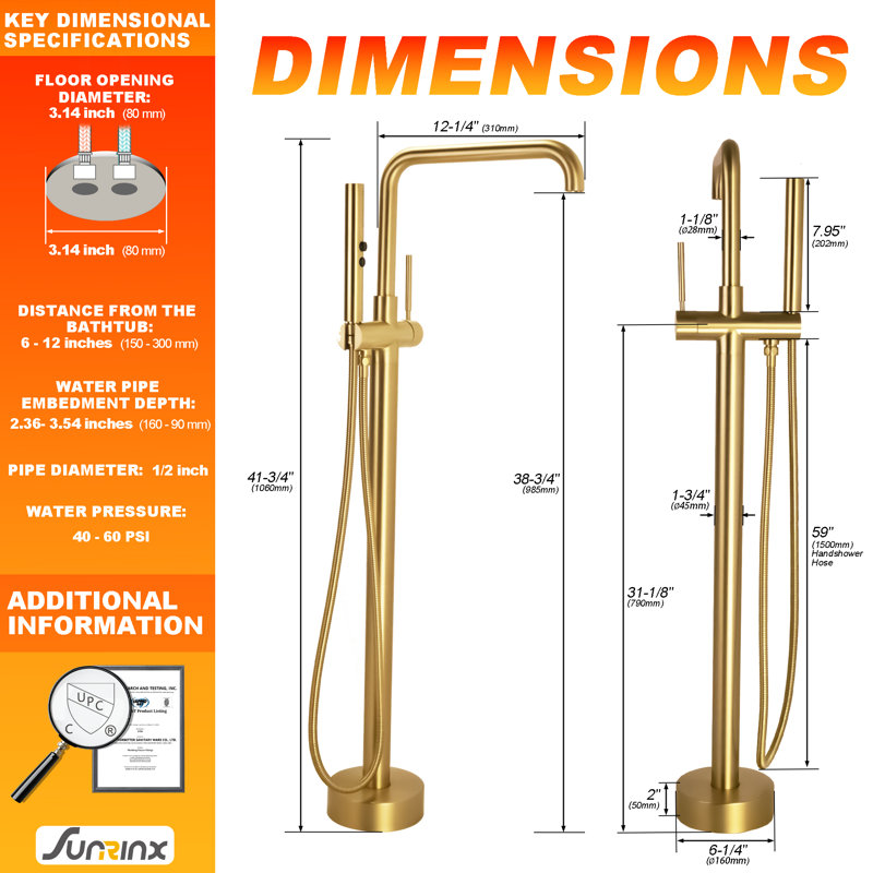 Single Handle Floor Mounted Freestanding Tub Filler with Diverter, Gold