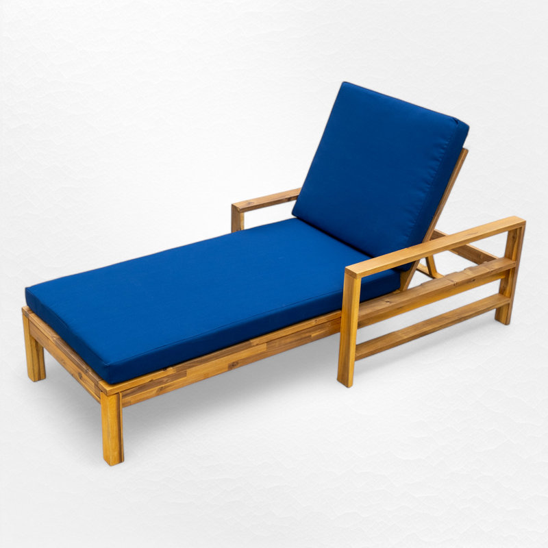 Outdoor Solid Wood Chaise Lounge With Cushion, Blue