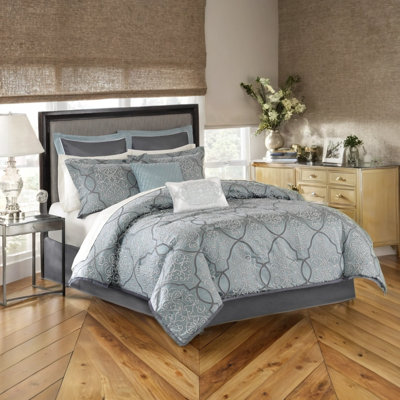 Ensemble d'édredon 12 pièces avec draps en coton et coussins décoratifs, jacquard damassé, bleu
