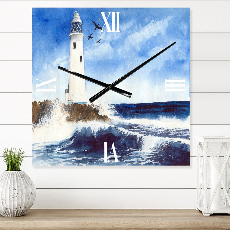 Phare sur une île rocheuse avec des mouettes - horloge murale nautique et côtière, Petit