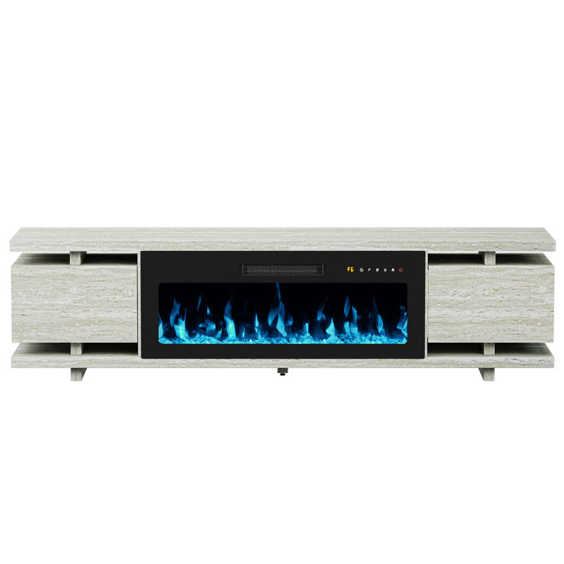 69"Media Console For TVs Up To 80" With Electric Fireplace, Large TV Stand with Led Light, Travertine Marble