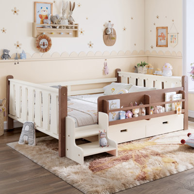Lit pour enfants Montessori avec bibliothèques, tiroirs et escaliers mignons