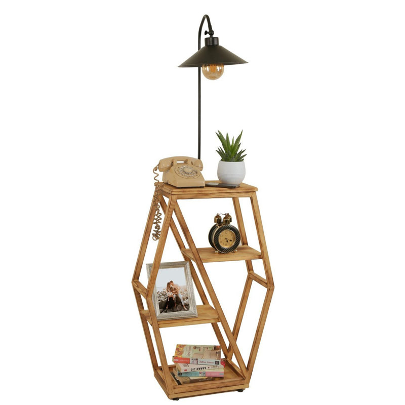 Lampe sur pied Luro kaki avec structure en métal et bibliothèque 100% bois de sapin, 65 x 39,4 pouces | Hauteur: 65 pouces | Douille E27, 60 W maximum | Éclairage élégant et fonctionnel pour le salon, la chambre à coucher et les espaces de bureau