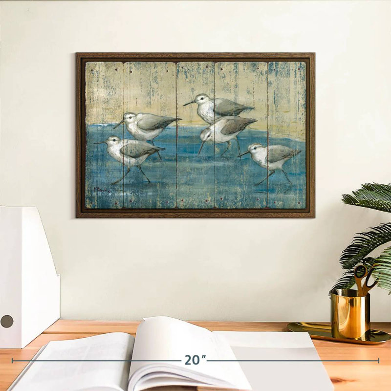 Sandpipers patiné à l'huile, 13 po x 9 po, Cadre flottant noyer