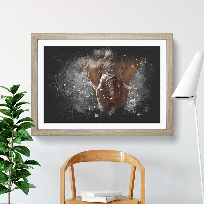Elephant Vol.1 Paint Splash - Picture Frame Graphic Art, 48cm H x 65cm W x 2cm D, Oak