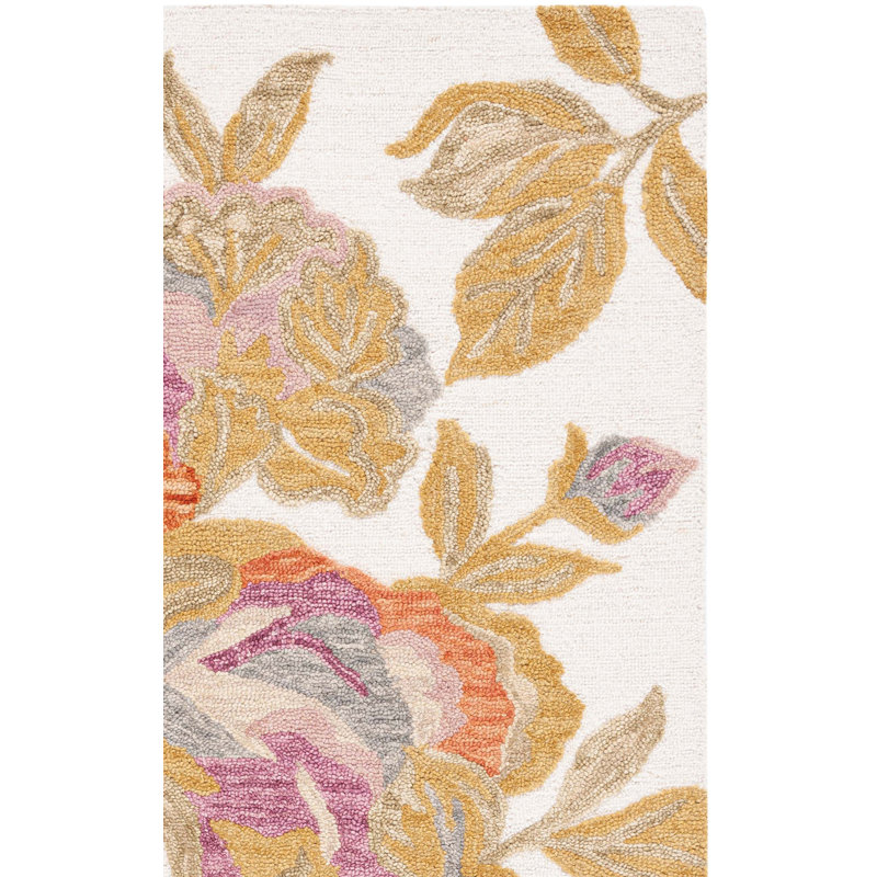 Tapis floral en laine touffeté à la main en coton ivoire / vert Marland, Rectangle 8 pi x 10 pi