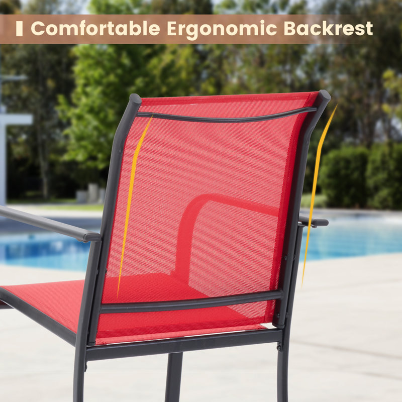 Red and Black 4-Person Round Patio Dining Set with Faux Wood Table