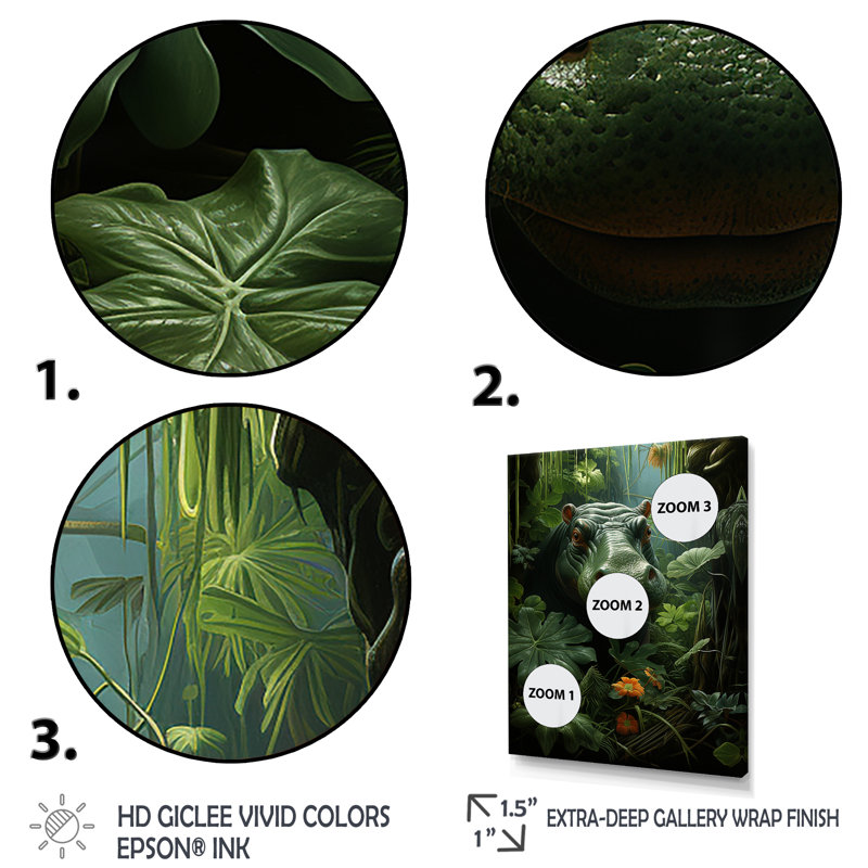 «Green Vibrant Hippo Portrait - Hippopotamus», art mural, Cadre flottant noir, H 44 po x l 34 po x P 1,5 po